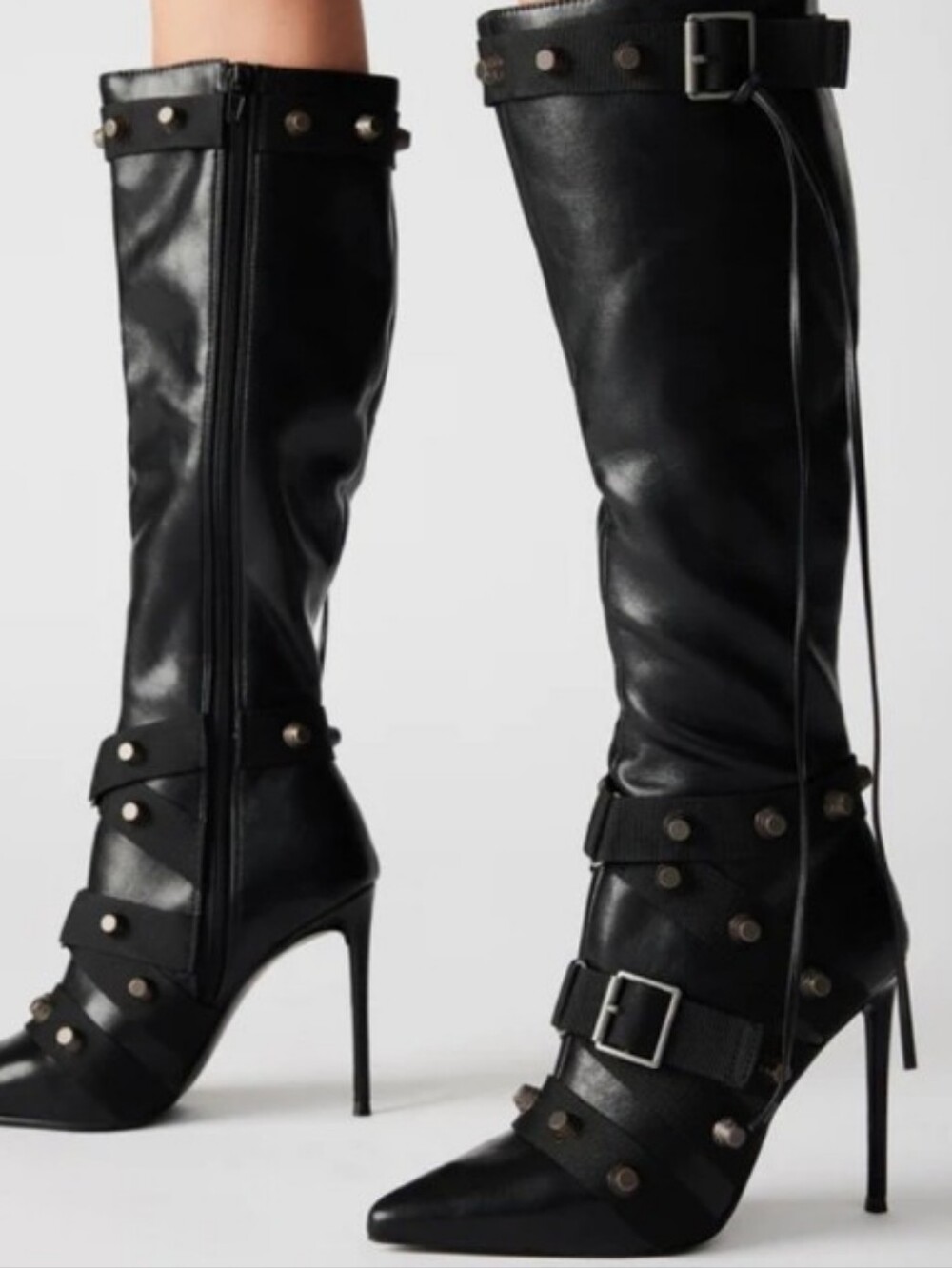 Studded Black Pointed Stiletto Boot with Buckle Strap